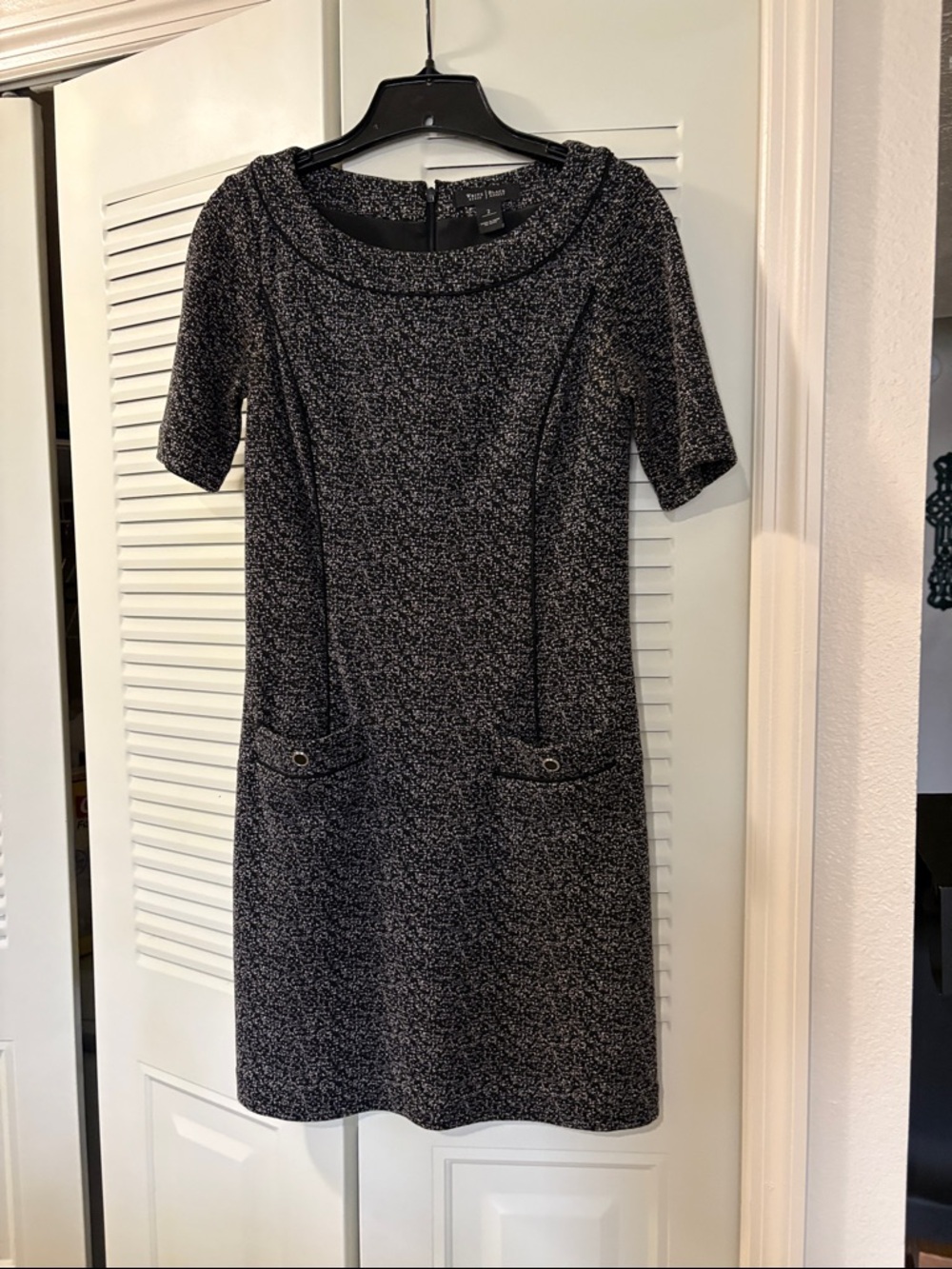 White House Black Market Black and White Knit Tweed Short-Sleeve Shift Dress